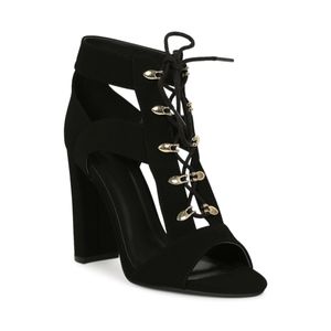 Qupid Lace Up Cage Open Toe Chuncky Heel